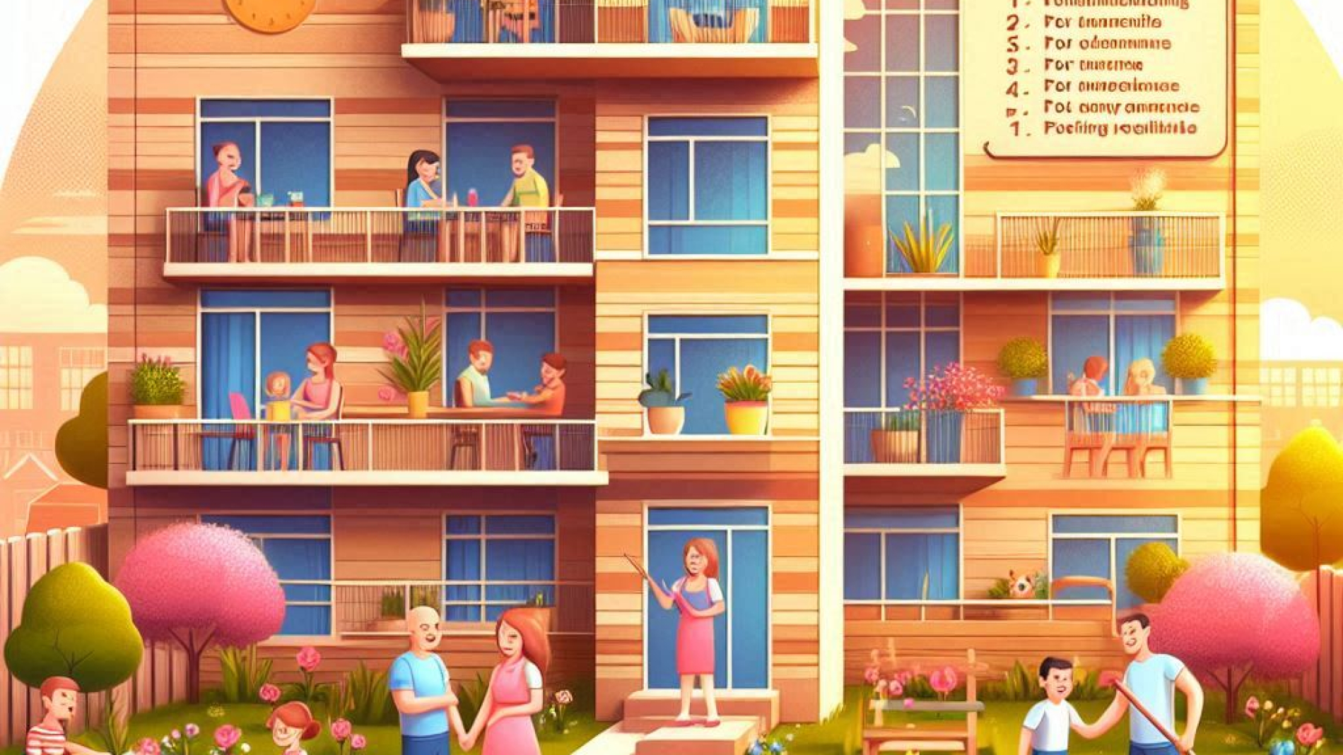 Ilustracija moderne stambene zgrade u toplim bojama, sa nasmejanim stanarima koji komuniciraju, neko zaliva cveće na terasi, deca se igraju u dvorištu, sve deluje čisto i uredno