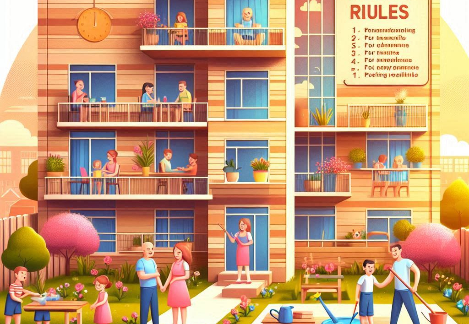 Ilustracija moderne stambene zgrade u toplim bojama, sa nasmejanim stanarima koji komuniciraju, neko zaliva cveće na terasi, deca se igraju u dvorištu, sve deluje čisto i uredno